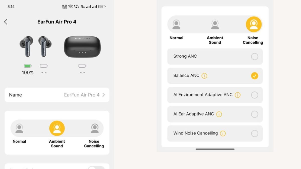 EarFun Air Pro 4 in-app Active Noise cancellation options